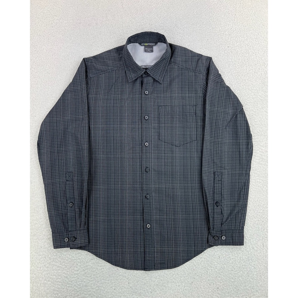 ExOfficio Shirt Mens Small Gray Check Nylon Mesh Vented Long Sleeve Button Up
